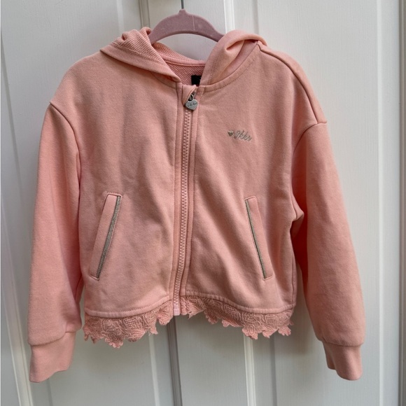 Ikks 3T Girls Orange/Peach/Apricot Zip-Up Hoodie Sweatshirt with Lace Trim - Picture 1 of 6